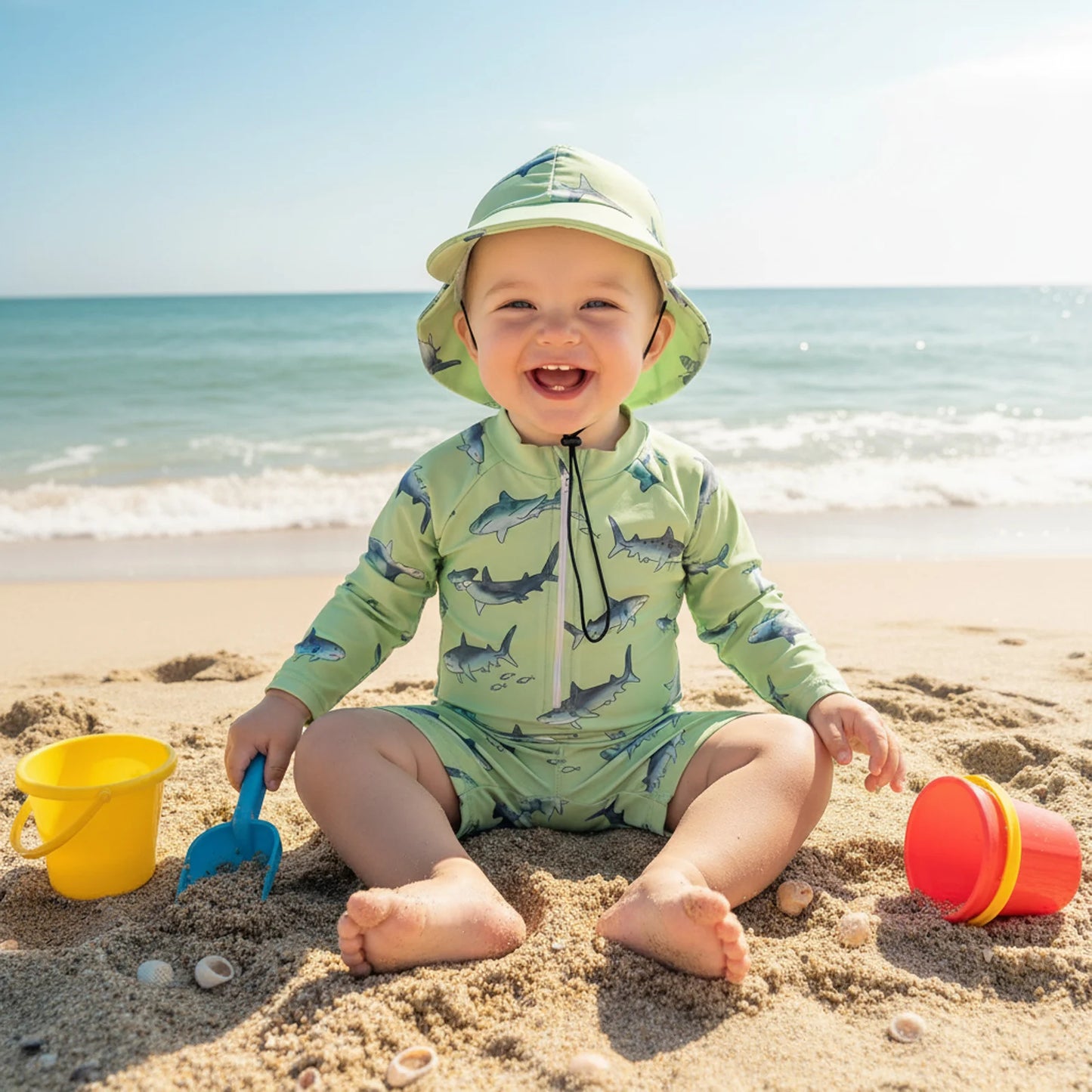 Baby Toddler Boys 2Pcs Casual Shark Print Zipper Long Sleeve Bathing Suit Romper with Swim Cap Set