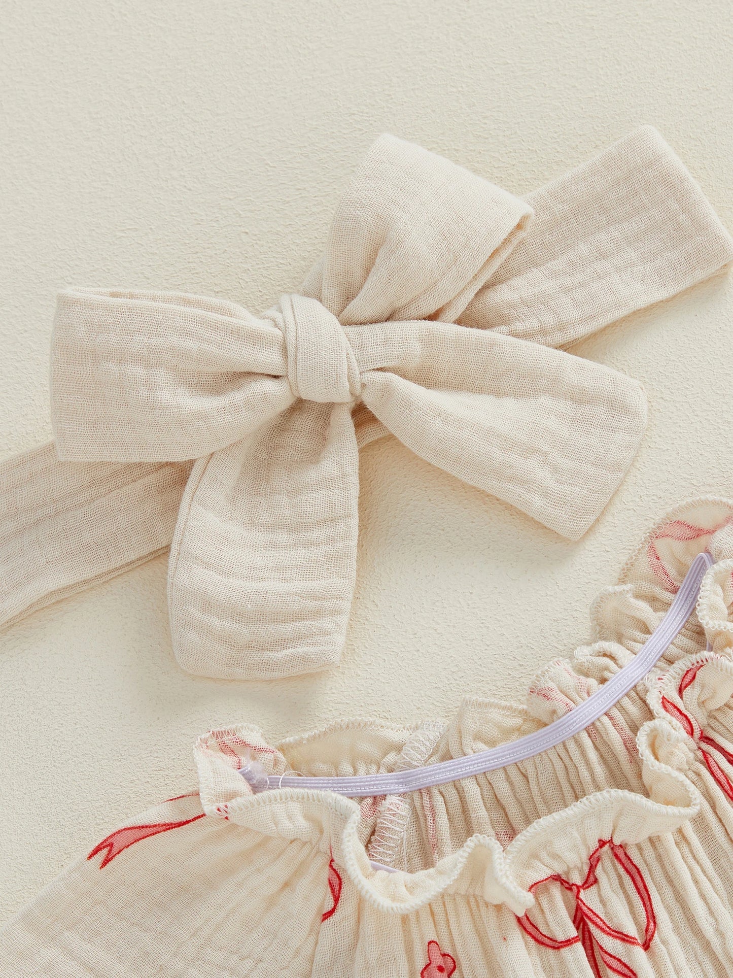 Baby Girls 2Pcs Outfit Cute Short Sleeve Round Neck Bow Flower Print Jumpsuit with Headband Set