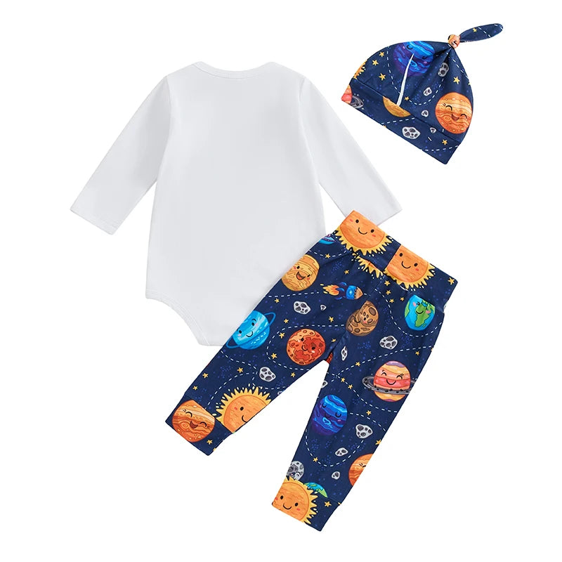 Baby Boys Girls 3Pcs Outfit I Love You To The Moon Long Sleeve Letter Print Romper Planets Print Pants Hat Set