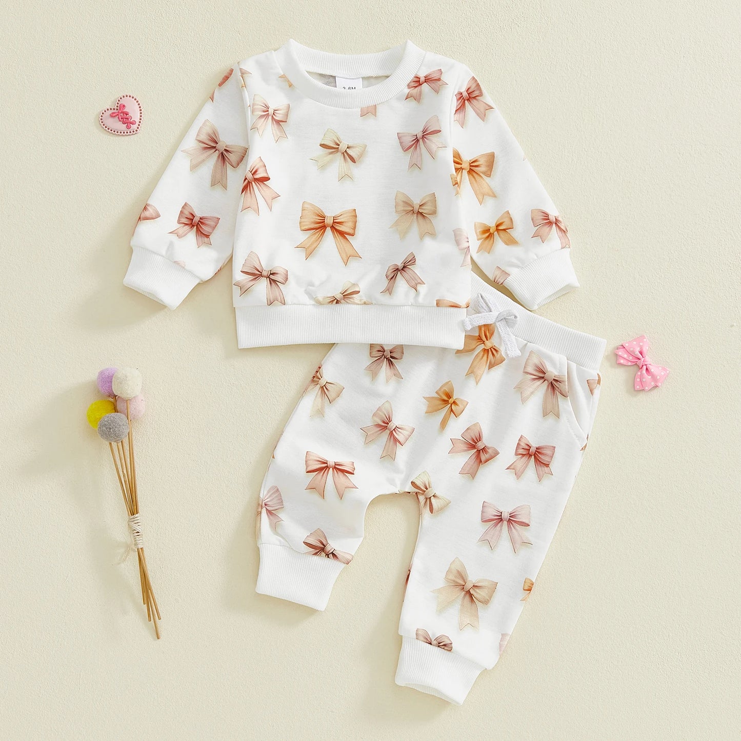Baby Toddler Girls 2Pcs Spring Outfits Bow Print Long Sleeve Round Neck Pullover Top Elastic Waist Long Pants Jogger Set