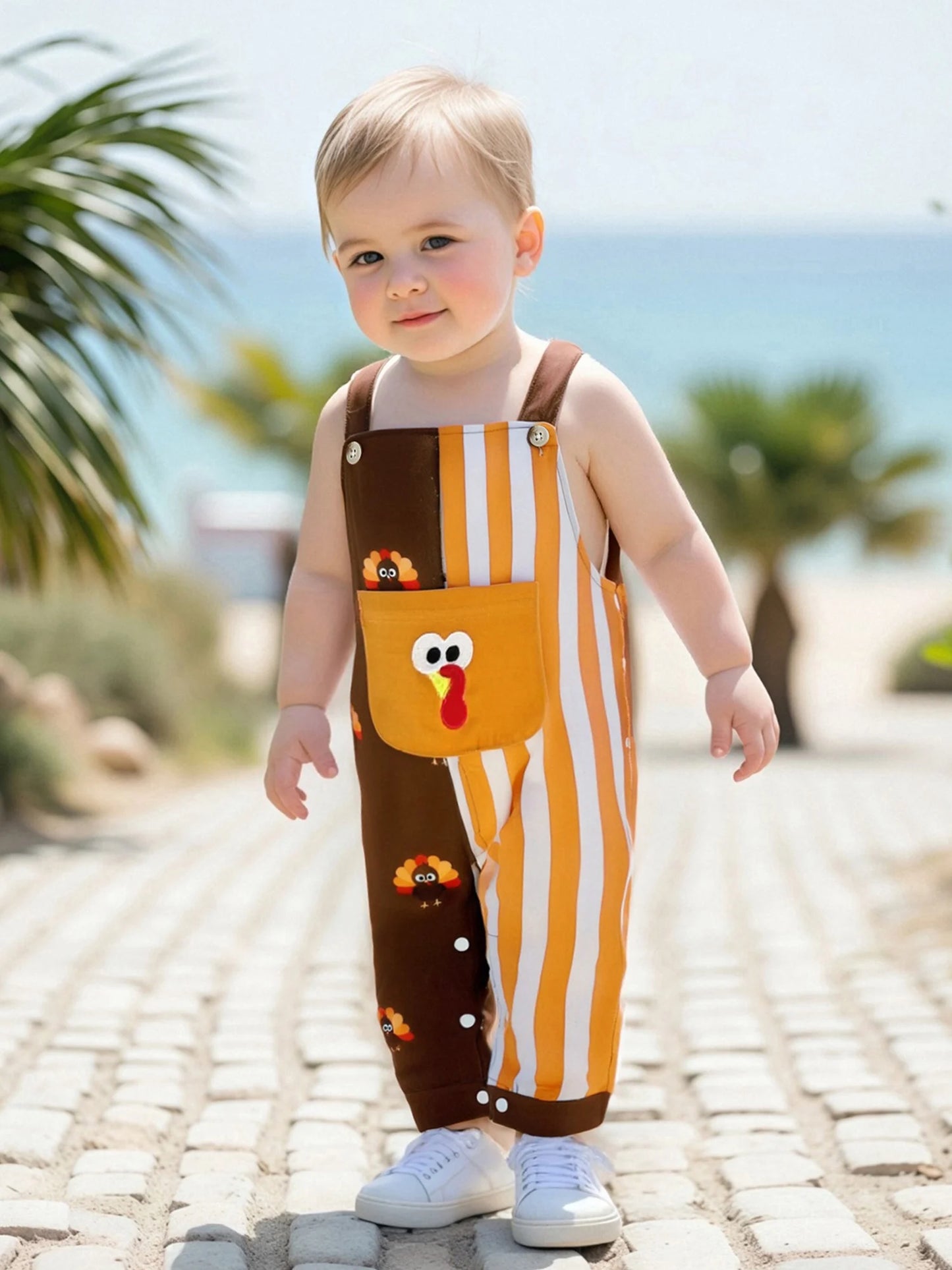 Baby Boy Thanksgiving Romper Overalls Turkey Stripe Print Sleeveless Suspender Jumpsuit