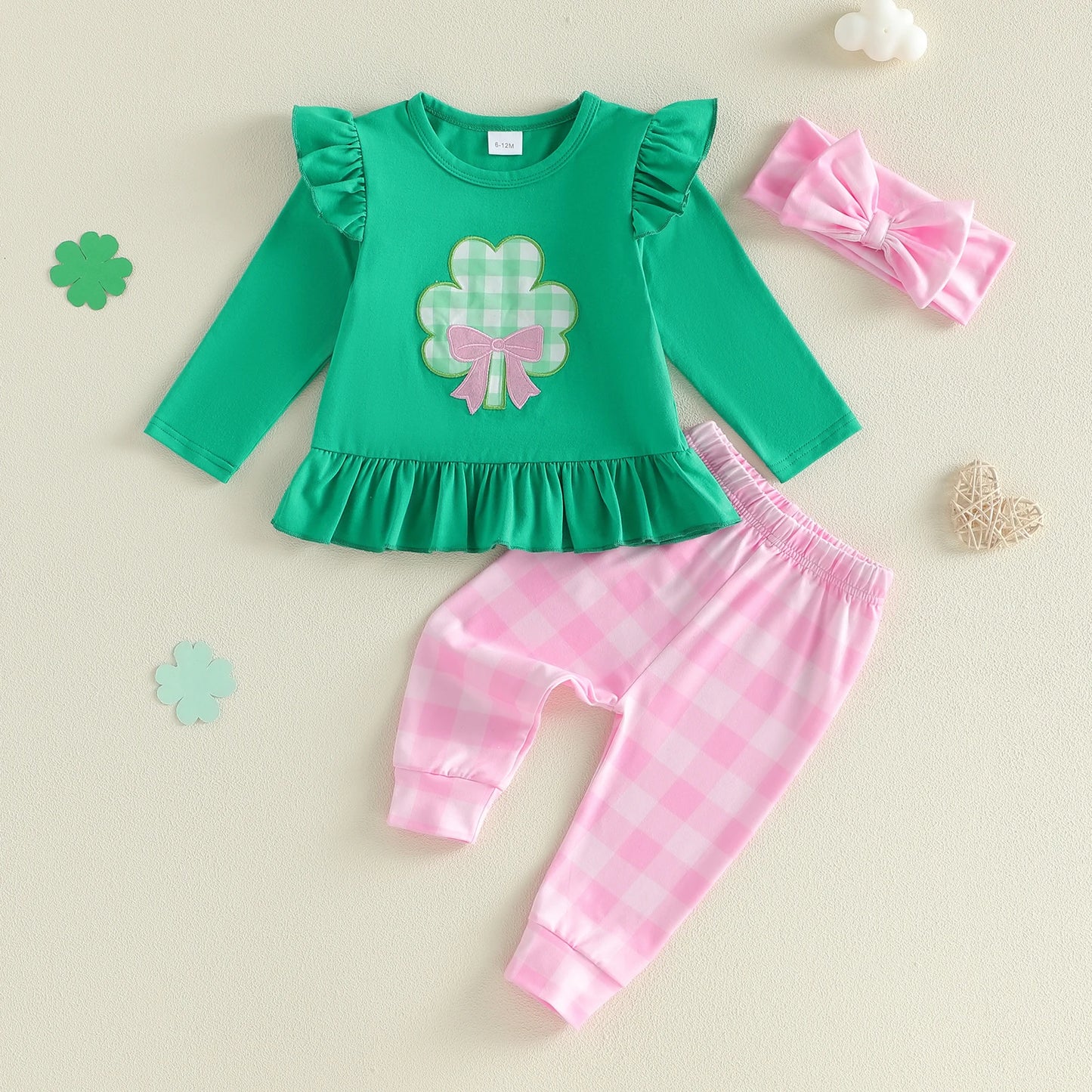Baby Toddler Girls 3Pcs St. Patrick's Day Set Long Sleeve Clover Print Top Plaid Pant Headband Clothing Set