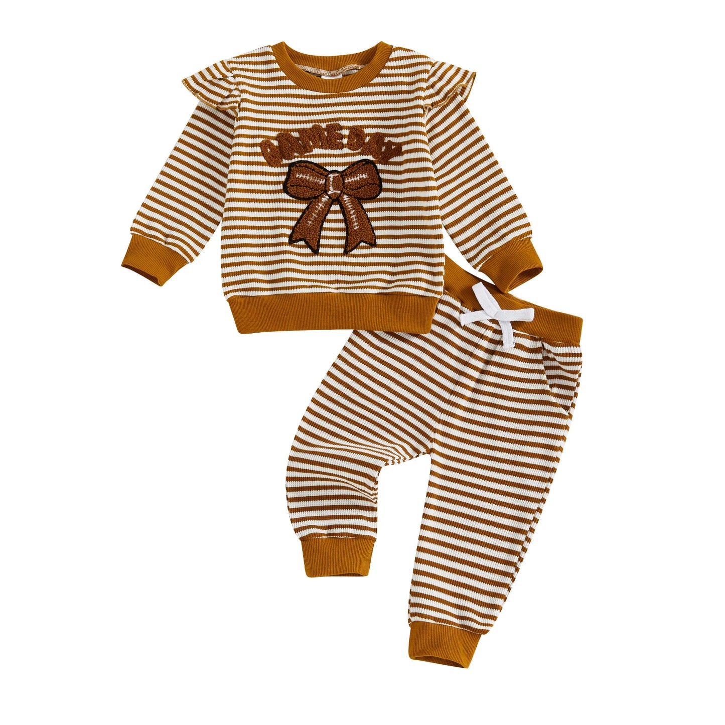 Baby Toddler Girls 2Pcs Game Day Fall Outfits Letter Bow Embroidered Striped Crew Neck Long Sleeve Top with Jogger Pants 2Pcs Set