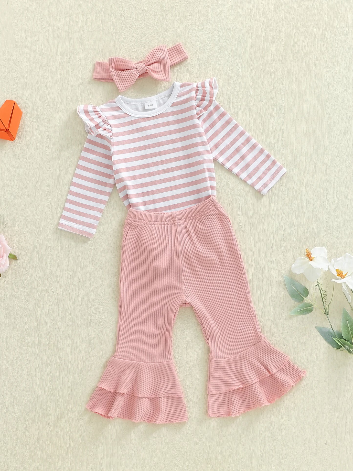 Baby Girls 3Pcs Spring Outfit Long Sleeve Striped Romper with Flare Pants and Headband Clothing Set