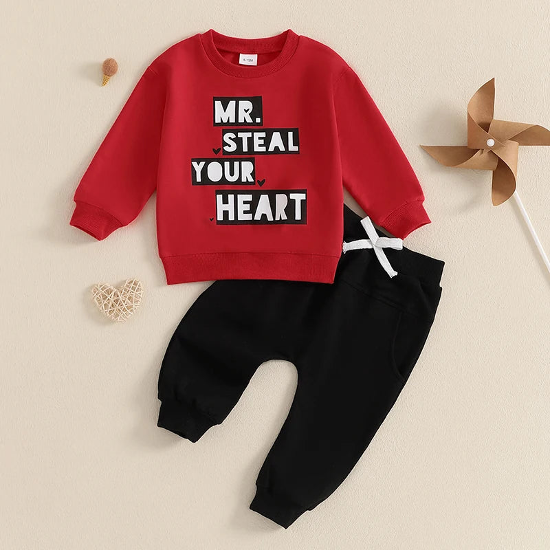 Baby Toddler Boys 2Pcs Mr. Steal Your Heart Outfit Long Sleeve Letters Print Crewneck Top with Pants Valentine’s Day Jogger Set