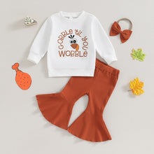Load image into Gallery viewer, Baby Toddler Girls 3Pcs Thanksgiving Set Long Sleeve Letter Turkey Gobble Til You Wobble Print Top Flared Pants Headband Bow

