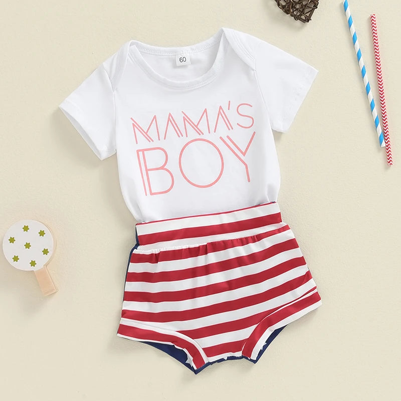 Baby Boys 2Pcs Mama's Boy Summer Set Short Sleeve Letter Print Romper and Stars and Stripes Shorts 4th of July Set