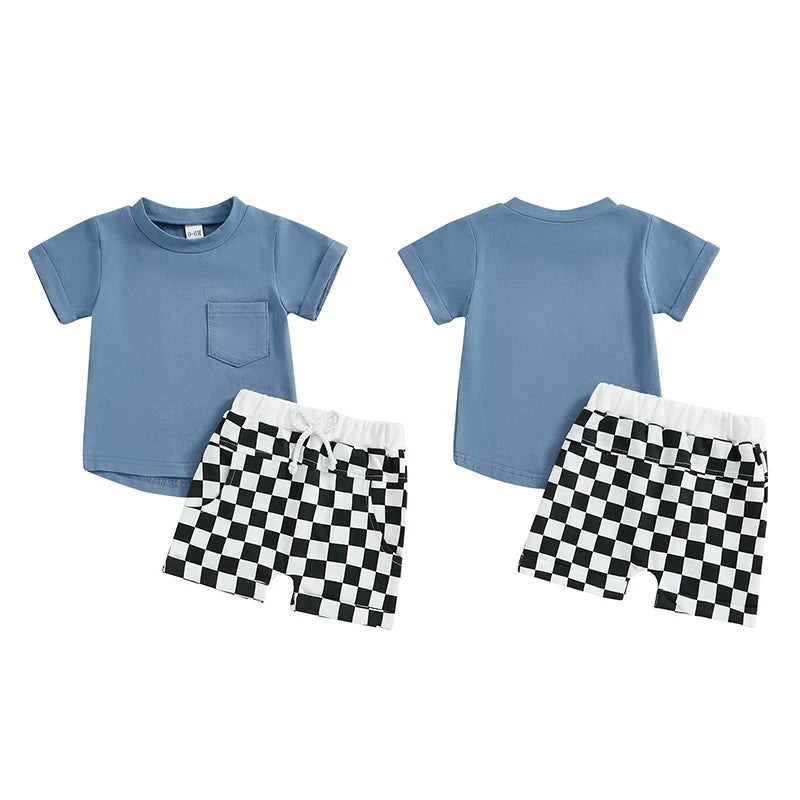 Baby Toddler Boys 2Pcs Summer Outfit Solid Color Short Sleeve Top T-Shirt Checkered Shorts Set