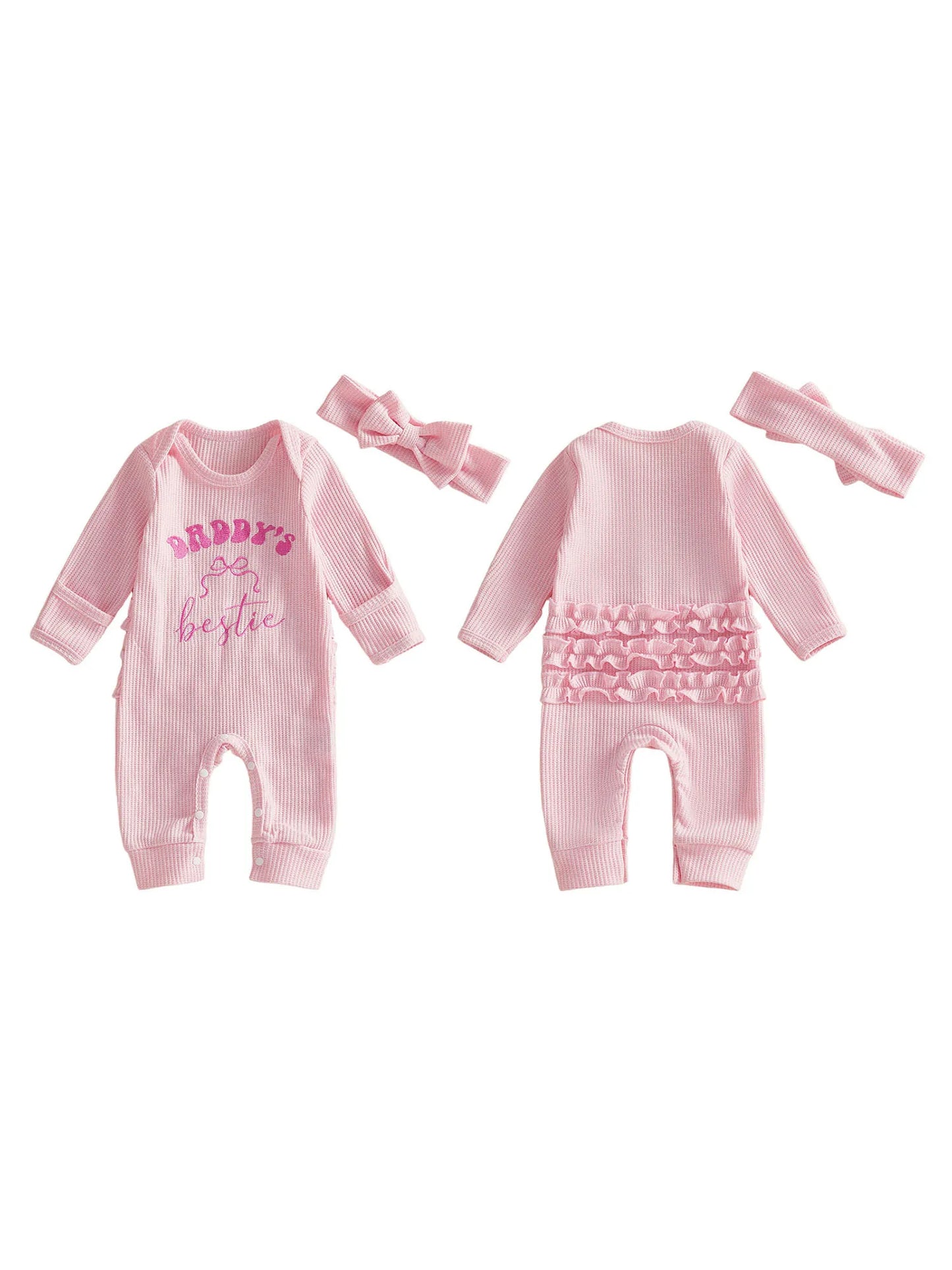 Baby Girls 2Pcs Daddy's Bestie Romper Fashionable Cute Bow Letters Embroidery Long Sleeve Jumpsuit with Headband Set