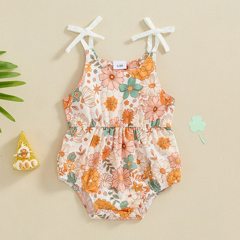 Baby Girls Summer Romper Flower/Butterfly Print Bow Tie Strap Tank Top Sleeveless Round Neck Jumpsuit