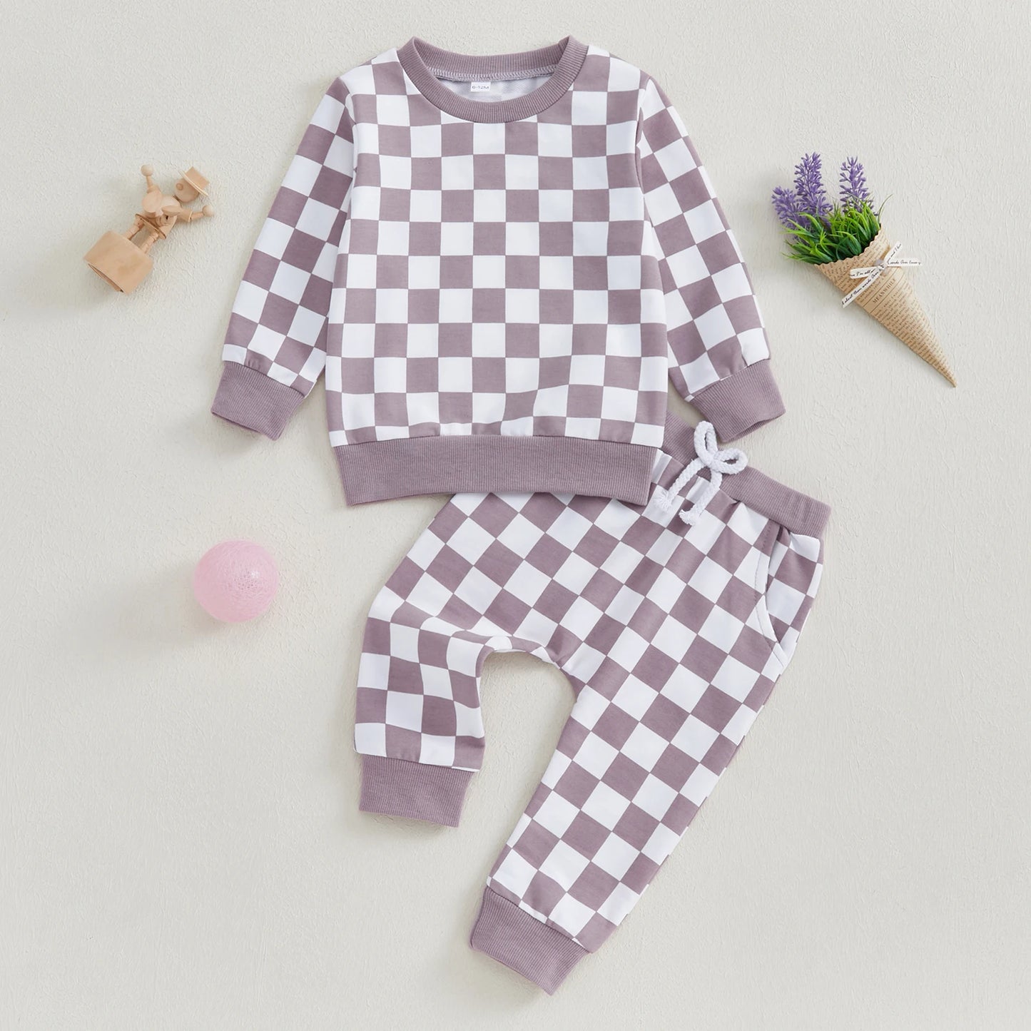 Baby Toddler Girls 2Pcs Fall Sets Long Sleeve O Neck Checkerboard Print Top Drawstring Pants Jogger Set