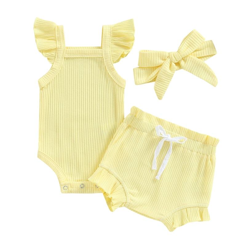 Baby Toddler Girls 3Pcs Flutter Sleeve Solid Romper Tops Drawstring Short Pants Headband Outfit