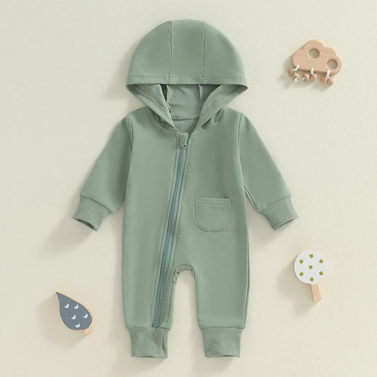 Baby Boys Girls Hooded Jumpsuit Long Sleeve Solid Color Pocket Zipper Romper