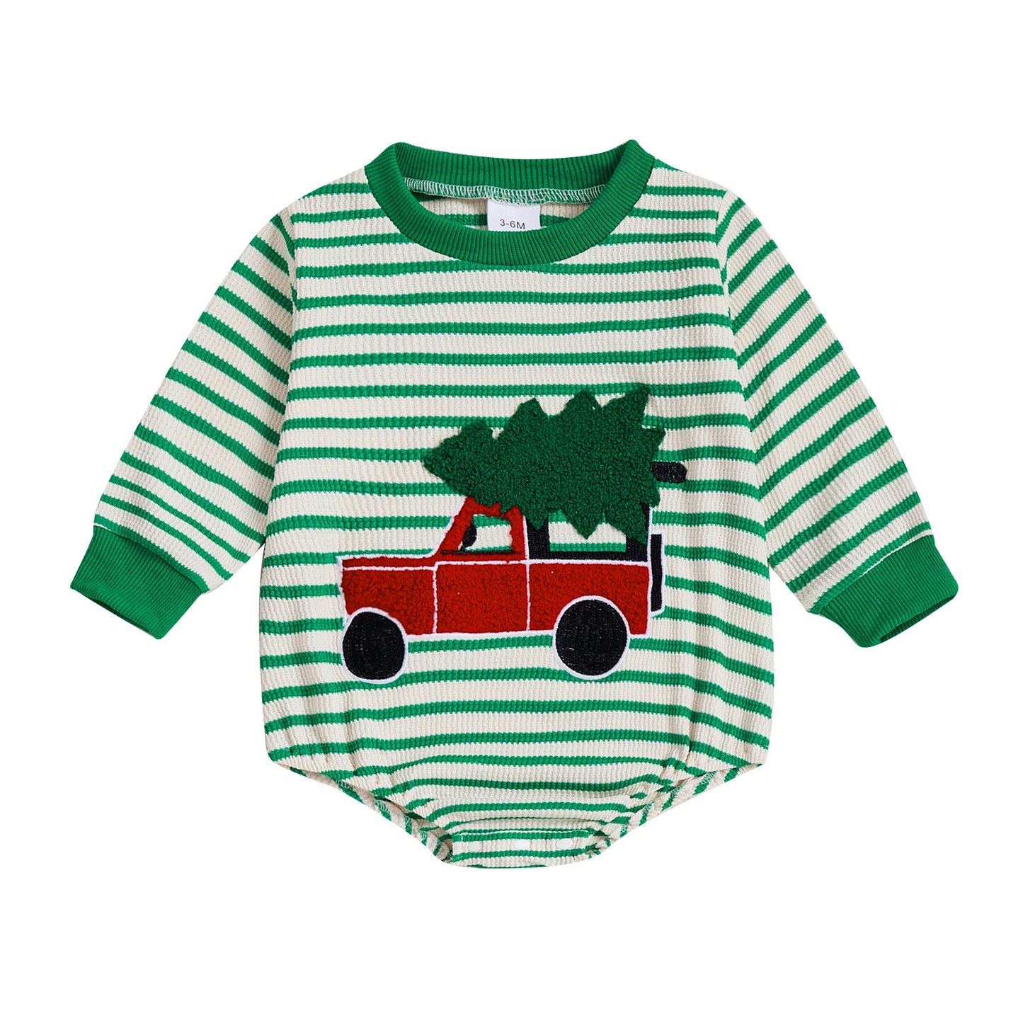 Baby Boy Girl Christmas Striped Jumpsuit Long Sleeve Round Neck Tree Truck Embroidery Romper
