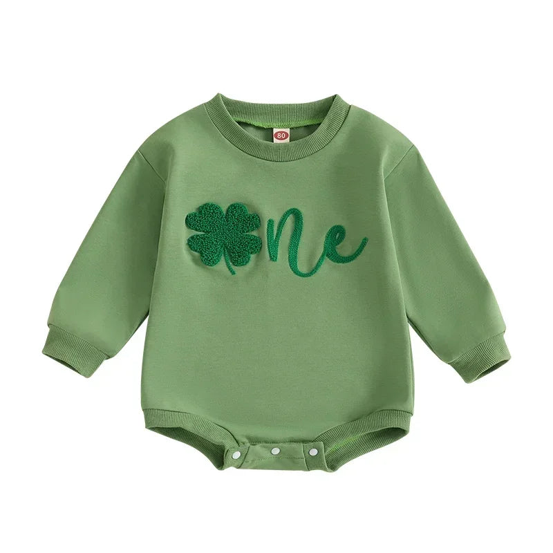 Baby Boys Girls One Spring St. Patrick's Day Birthday Romper Letter Shamrock Embroidery Long Sleeve O-Neck Bubble Jumpsuit