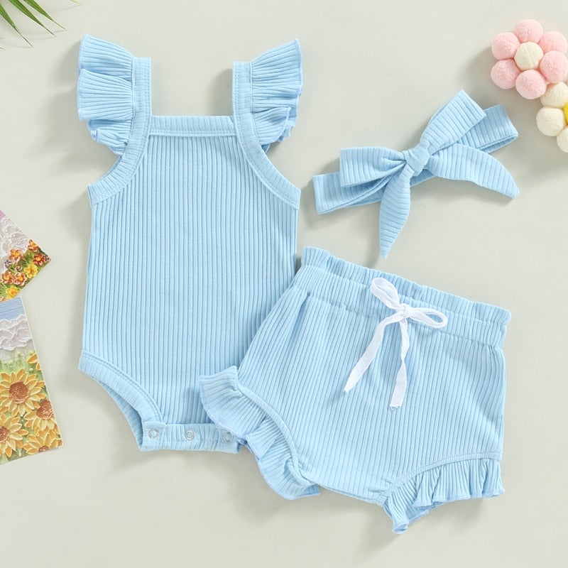 Baby Toddler Girls 3Pcs Flutter Sleeve Solid Romper Tops Drawstring Short Pants Headband Outfit