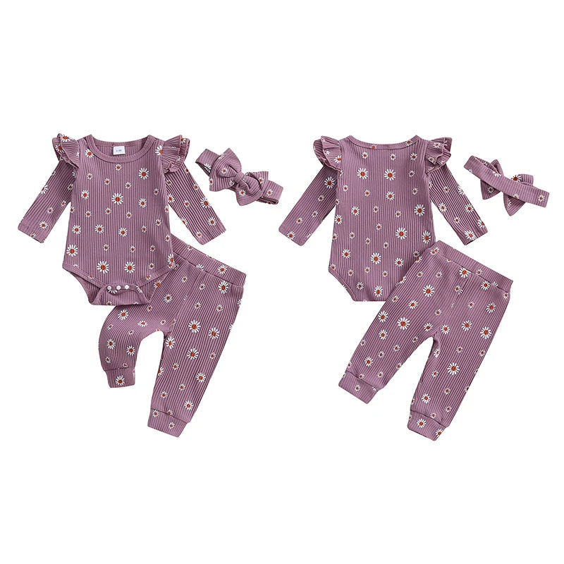 Baby Girls 3Pcs Ribbed Outfit Daisy Flower Print Long Sleeve Romper Elastic Waist Pants Headband Fall Set