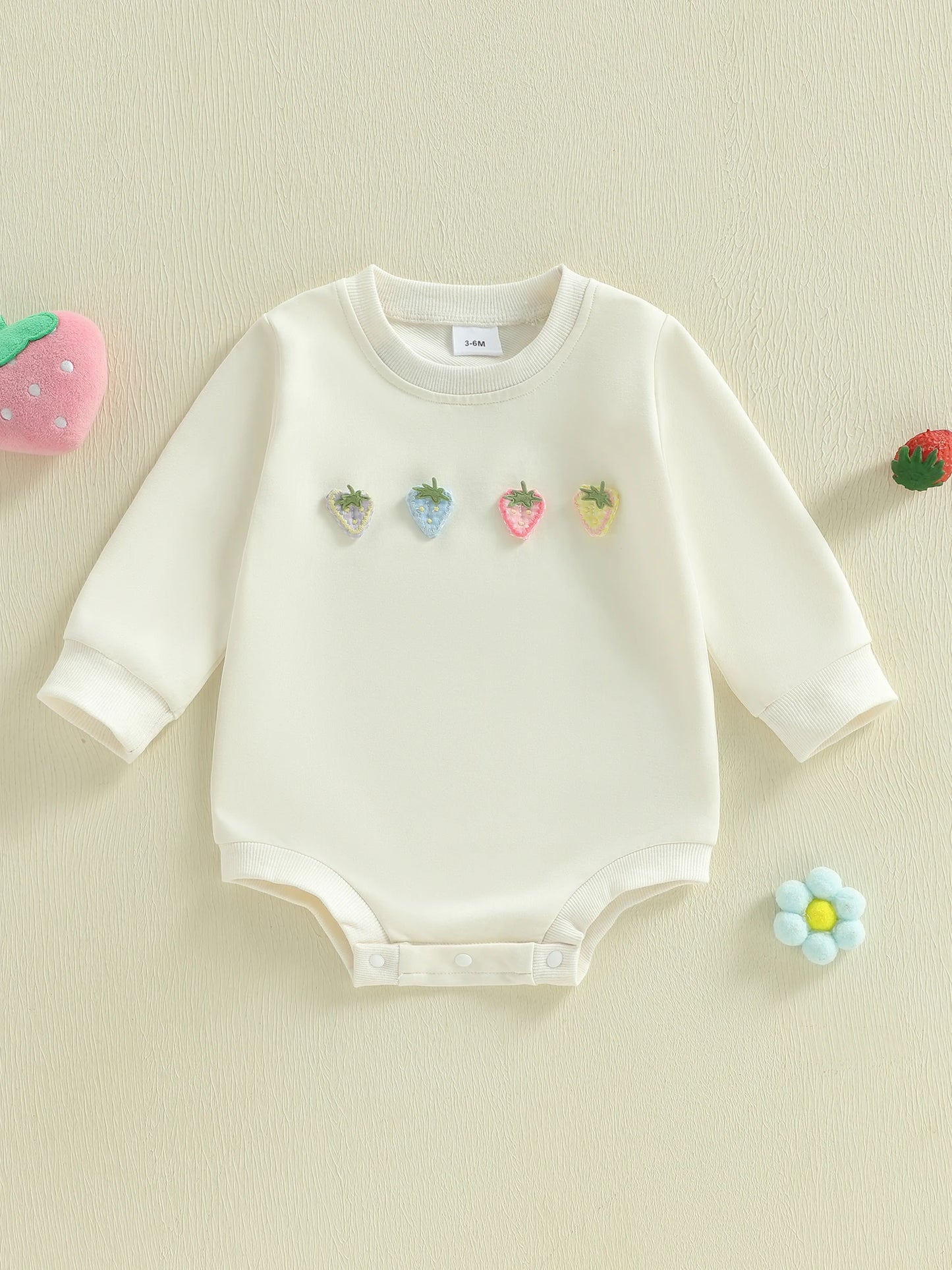Baby Girls Spring Romper Strawberry Flower Embroidery Long Sleeve Round Neck Bubble Jumpsuit