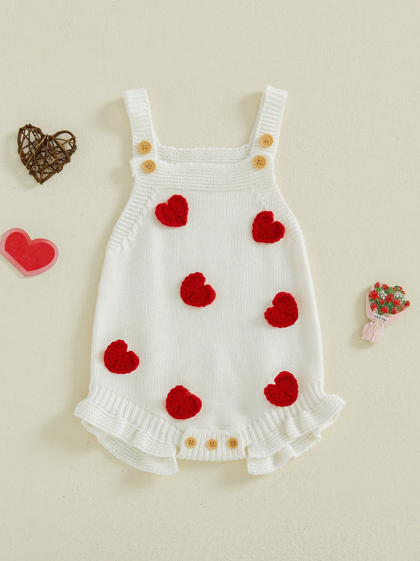 Baby Girl Valentine’s Day Sweater Romper Sleeveless Square Neck Heart Bodysuit Newborn Knit Overalls