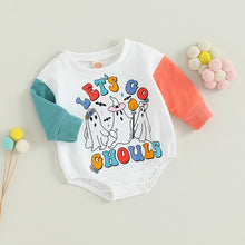 Load image into Gallery viewer, Baby Boy Girl Halloween Bodysuit Contrast Color Long Sleeve Round Neck Let&#39;s Go Ghouls Ghost Print Jumpsuit Romper
