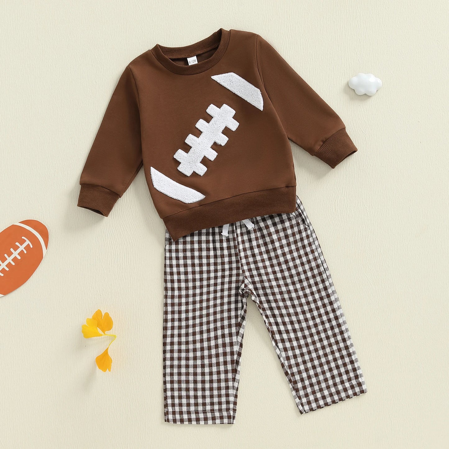 Baby Toddler Boys 2Pcs Fall Set Fashionable Long Sleeve Football Embroidery Pullover with Plaid Pants Outfits