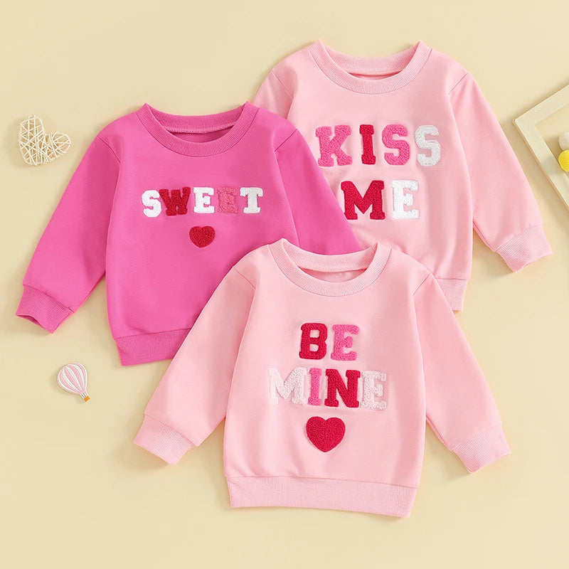 Baby Toddler Girl Valentine's Day Long Sleeve Letter Sweet / Be Mine / Kiss Me Heart Embroidery Crewneck Top