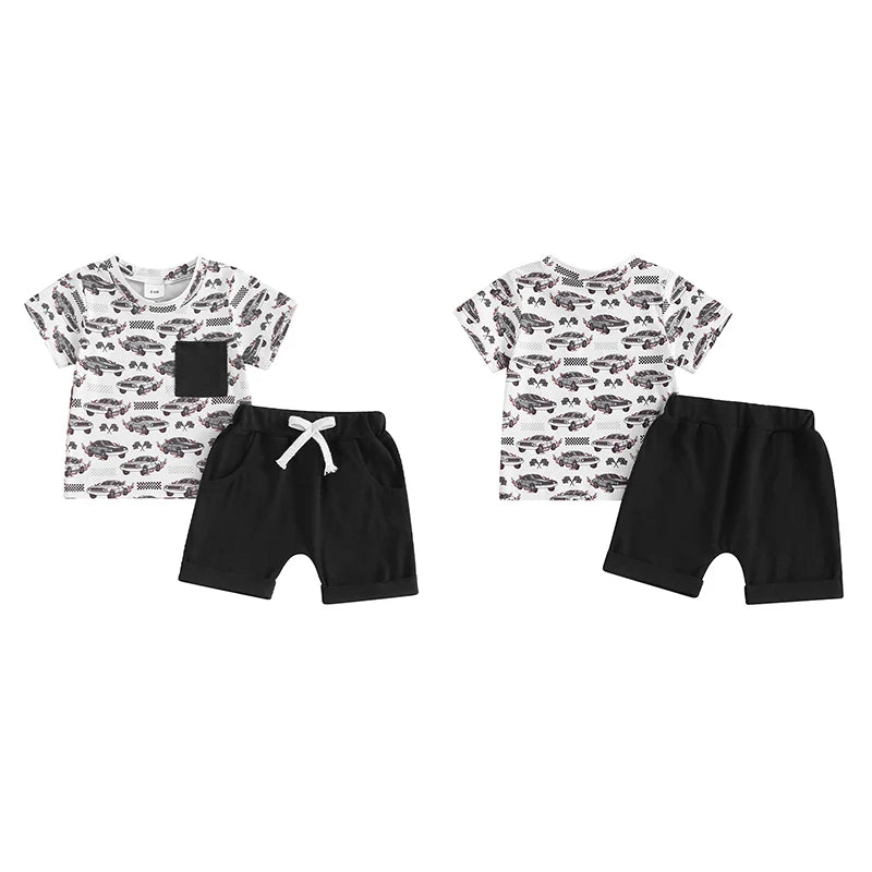 Baby Toddler Boys 2Pcs Summer Shorts Sets Short Sleeve Racer Car Print Top and Drawstring Shorts Set Outfit