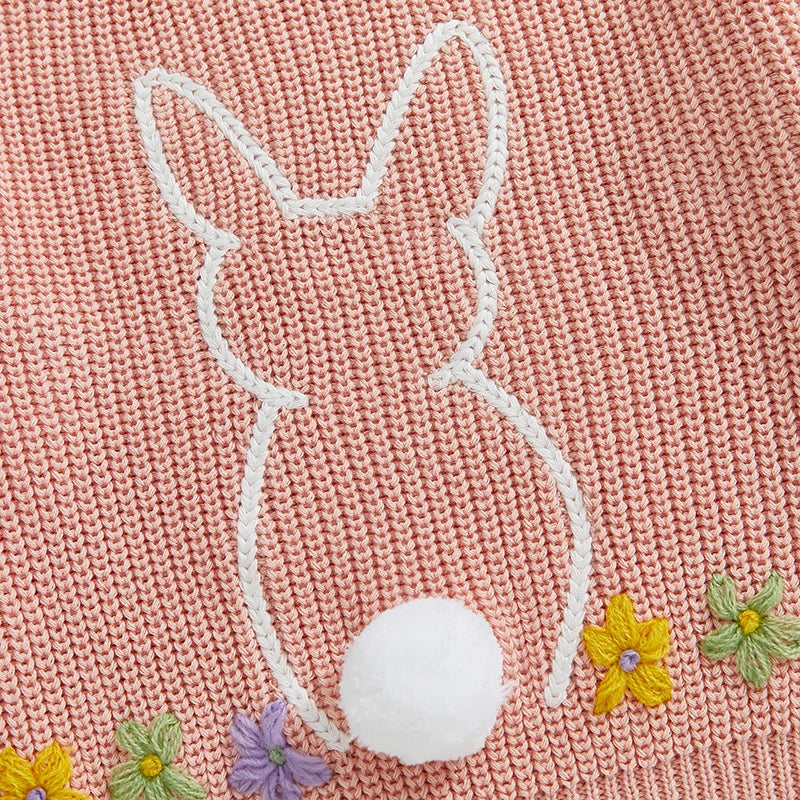 Baby Toddler Girls Sweater Easter Clothes Bunny Rabbit Flower Embroidery Crew Neck Long Sleeve Spring Pullover Top