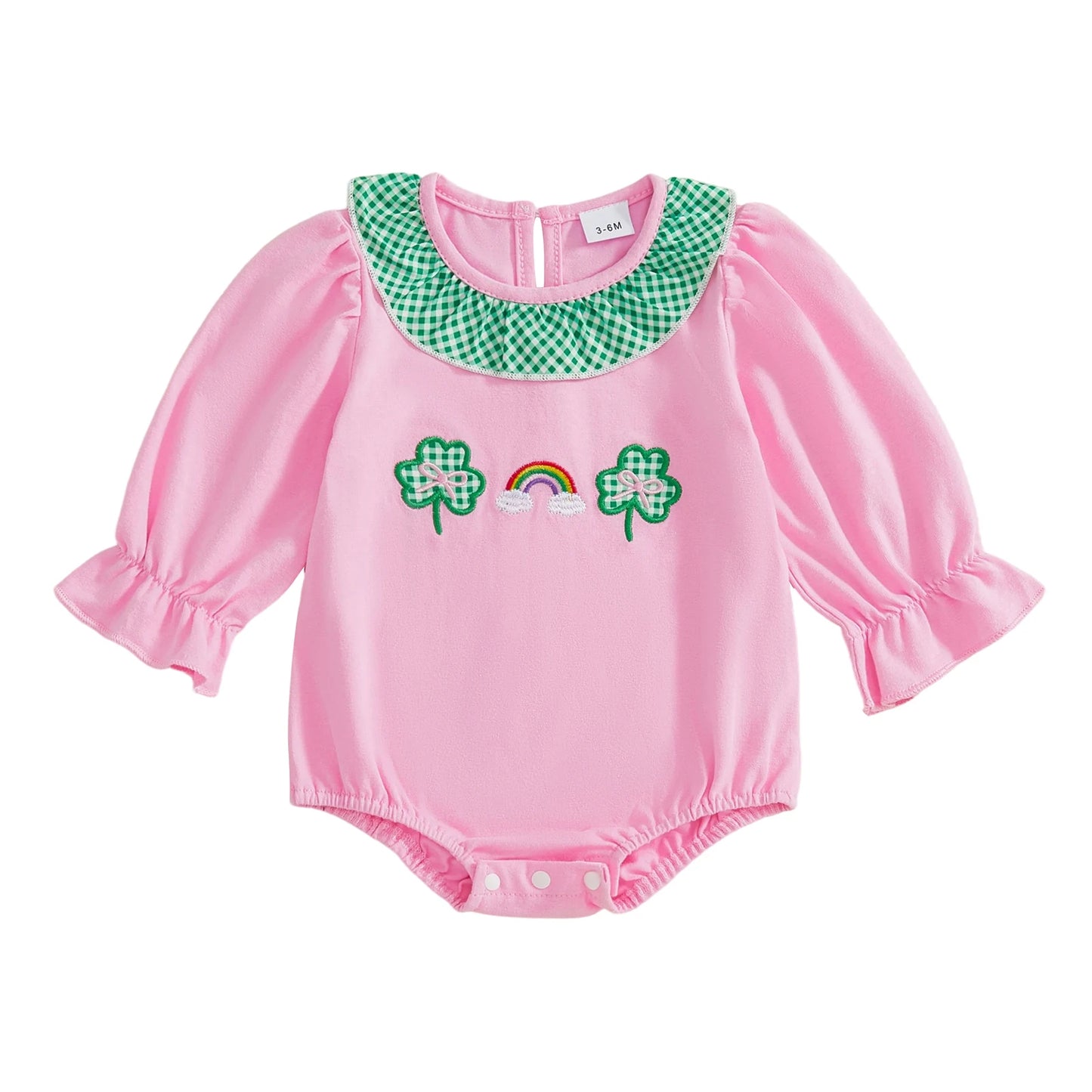 Baby Girls Romper Long Sleeve Round Neck Shamrock Embroidery Jumpsuit for St. Patrick's Day