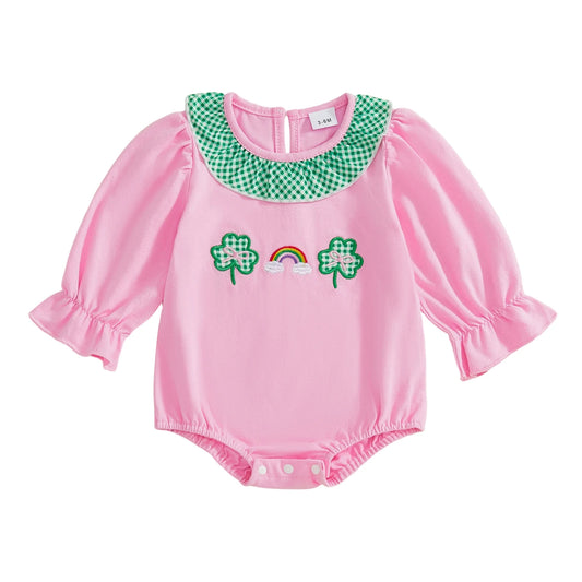 Baby Girls Romper Long Sleeve Round Neck Shamrock Embroidery Jumpsuit for St. Patrick's Day