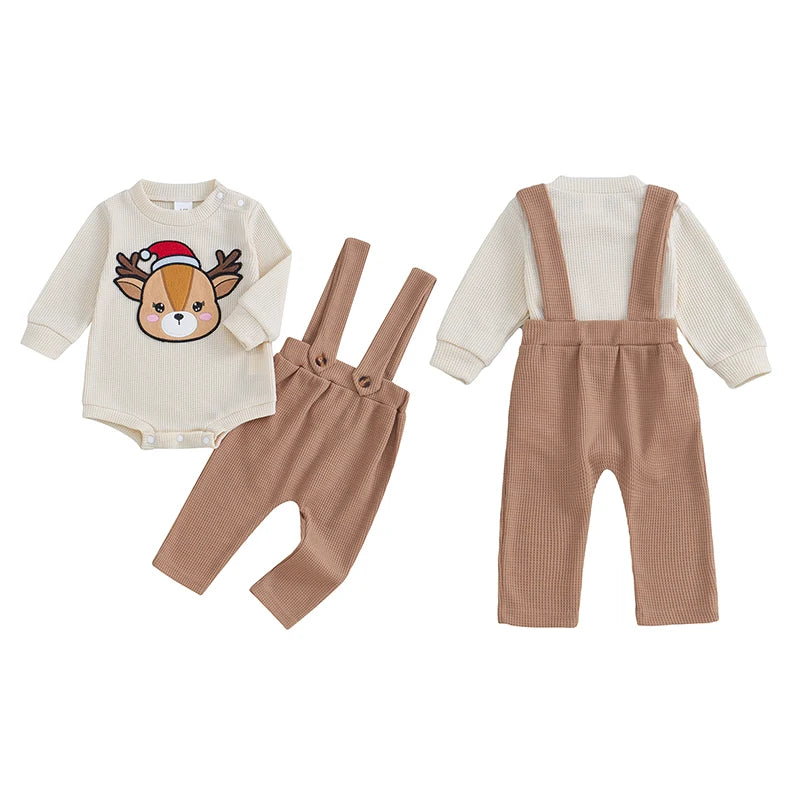 Baby Toddler Boys Girls 2Pcs Christmas Outfit Deer Embroidery Crew Neck Long Sleeve Rompers Suspender Overalls Pants Set