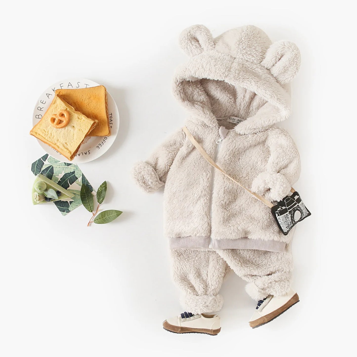 Baby Toddler Boy Girl 2Pcs Bear Winter Clothes Set Zipper Hooded Top with Ears Pant Suit Thick Warm Fleece Two Piece Jogger Set Outfit