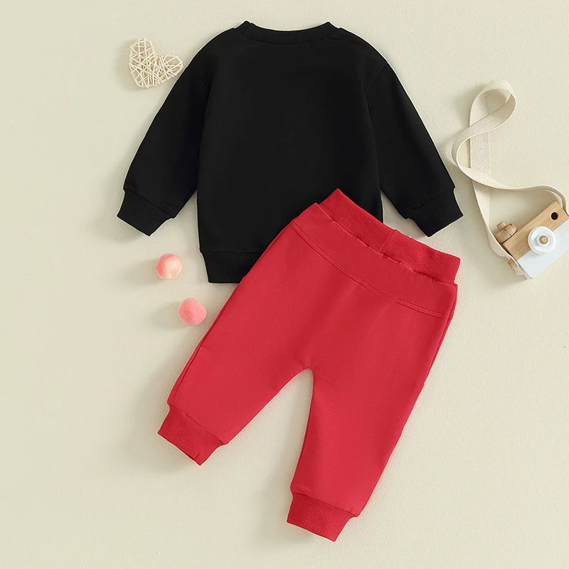 Baby Toddler Boy Girl 2Pcs Valentine's Day Outfits Long Sleeve Crewneck Mama's Little Heart Throb Letter Print Top Jogger Pants Clothes Set