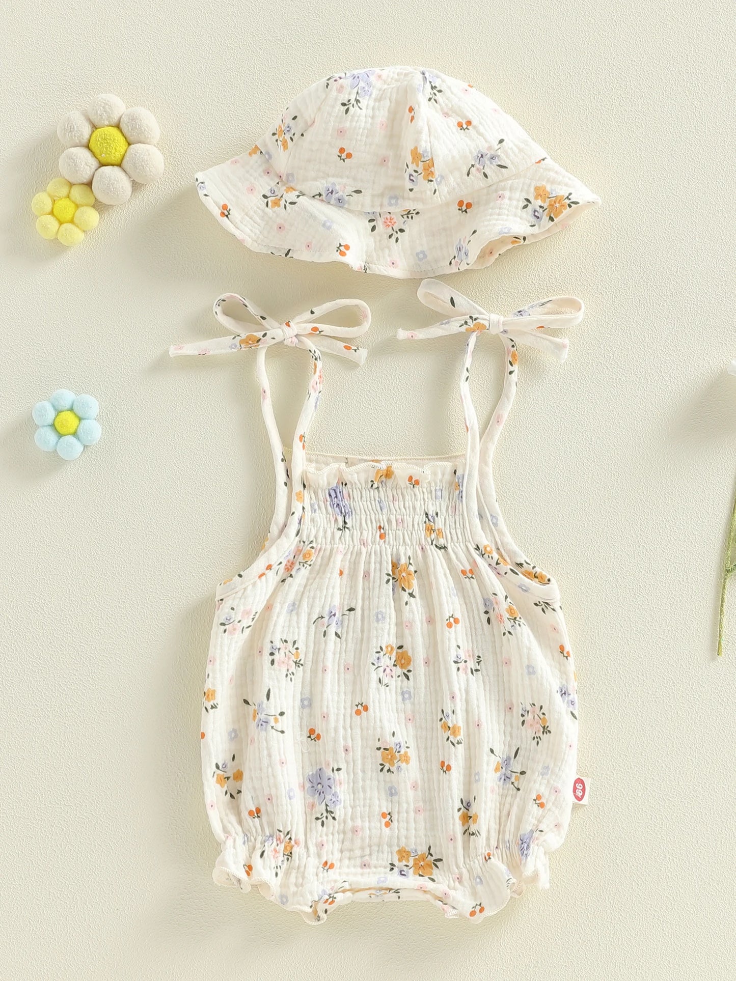 Baby Girls 2Pcs Summer Sweet Romper Infant Sleeveless Strappy Floral Overalls with Hat Set