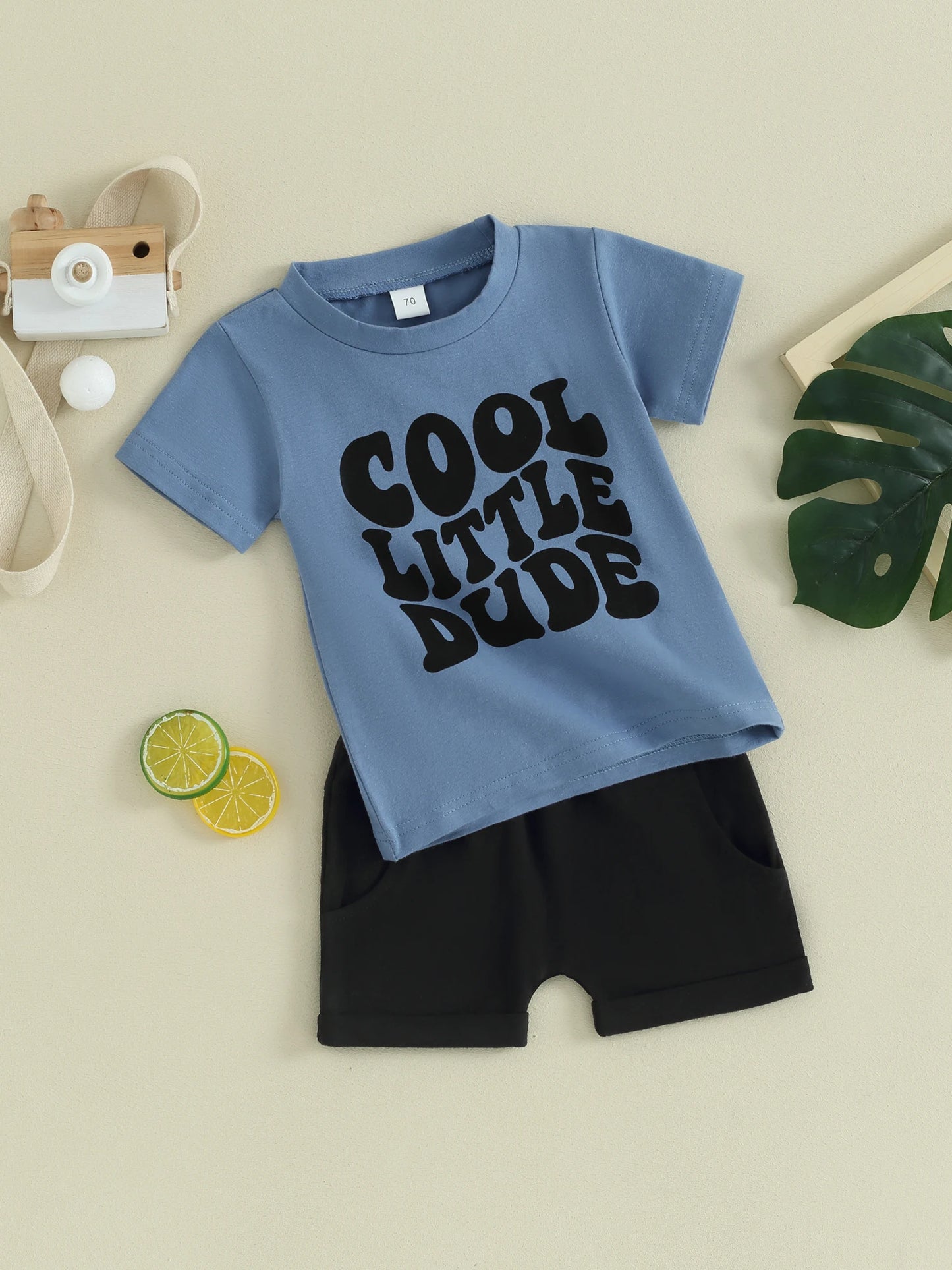 Toddler Baby Boy 2Pcs Cool Little Dude Short Sleeve Letters Top Solid Shorts Set Casual Outfit