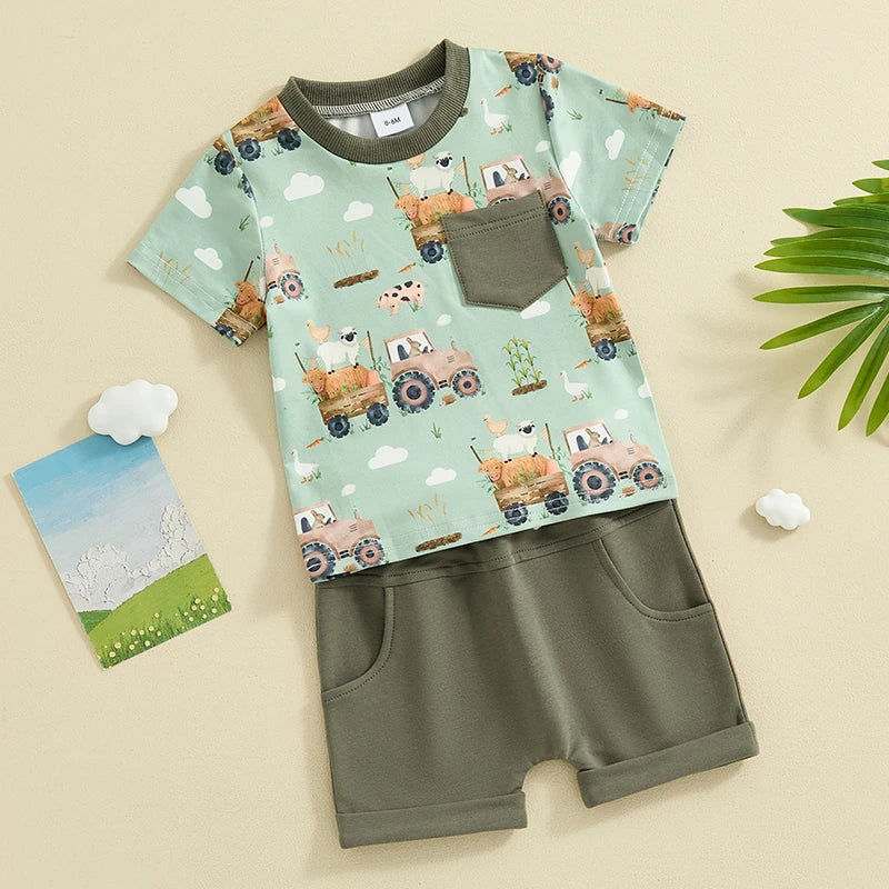 Baby Toddler Boy 2Pcs Summer Outfit Truck Tractor Print Short Sleeve Pocket Top with Solid Color Shorts Set