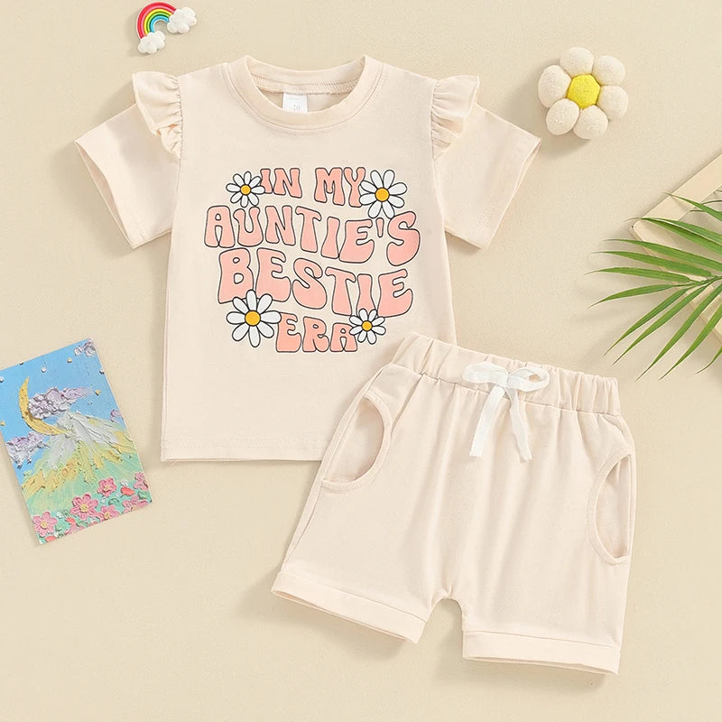 Baby Toddler Girl 2Pcs In My Mama's / Auntie's Bestie Era Short Sleeve Daisy Letter Print Top Shorts Set Spring Summer Outfits