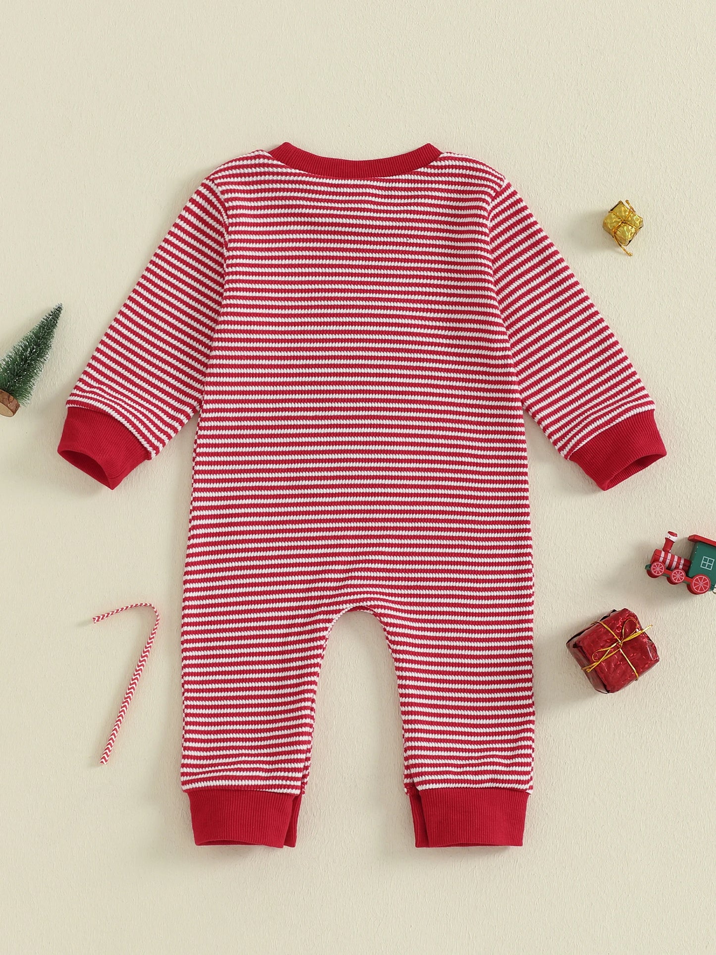 Baby Boys Christmas Romper Stripe Print Gingerbread Man Embroidery Long Sleeve Round Neck Jumpsuit