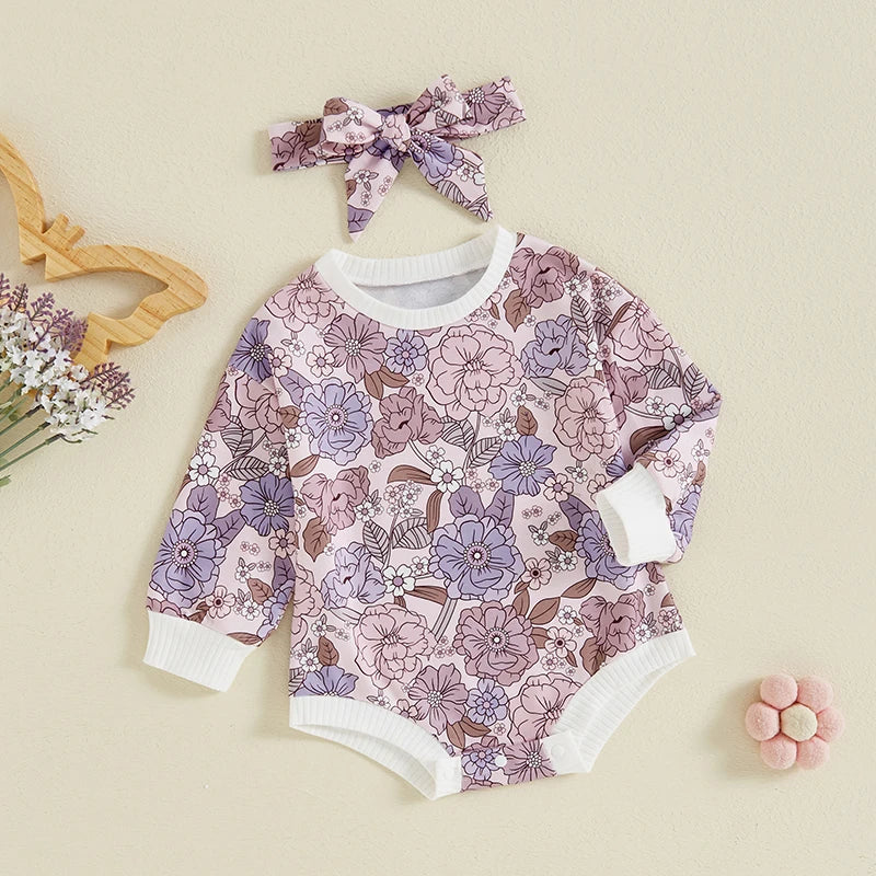 Baby Girls 2Pcs Autumn Casual Romper Long Sleeve O Neck Flower Print Romper with Headband Set