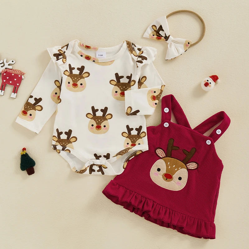 Baby Girls 3Pcs Christmas Outfit Reindeer / Gingerbread Man Print Romper Corduroy Overalls Dress Headband Bow Set