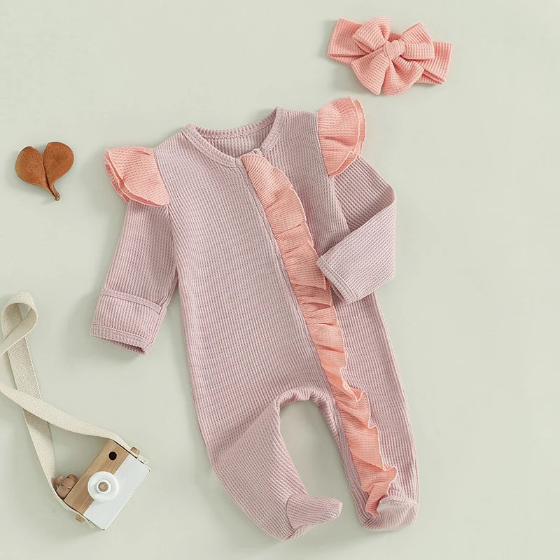 Baby Girls 2Pcs Outfit Long Sleeve Crew Neck Frills Zipper Romper Contrast Color Footies and Headband Set