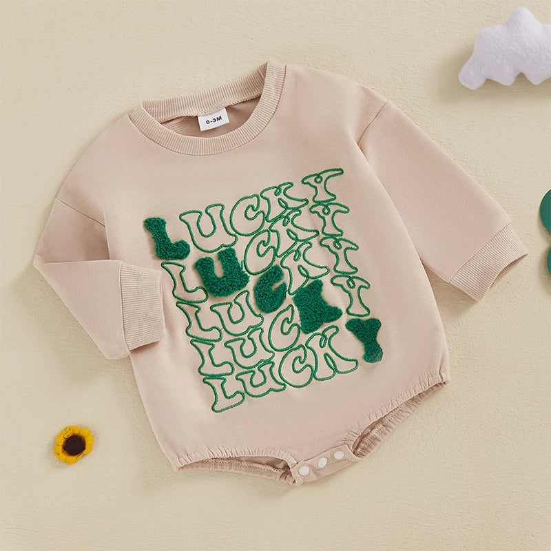 Baby Boy Girl Lucky Bubble Romper Letter Embroidery Long Sleeve Bubble Jumpsuit Irish Clothes St.Patrick's Day Bodysuit