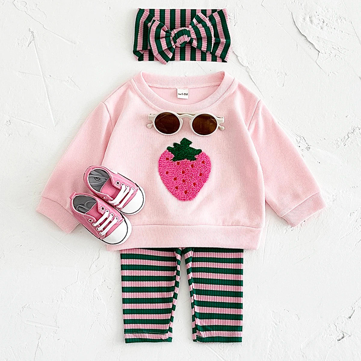 Baby Toddler Girls 3Pcs Set Strawberry Pullover Top Cotton Striped Pants Headband Outfit