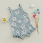 Baby Girls Summer Sleeveless Tank Strap Bubble Romper Knitted Floral Flower Print Bodysuit