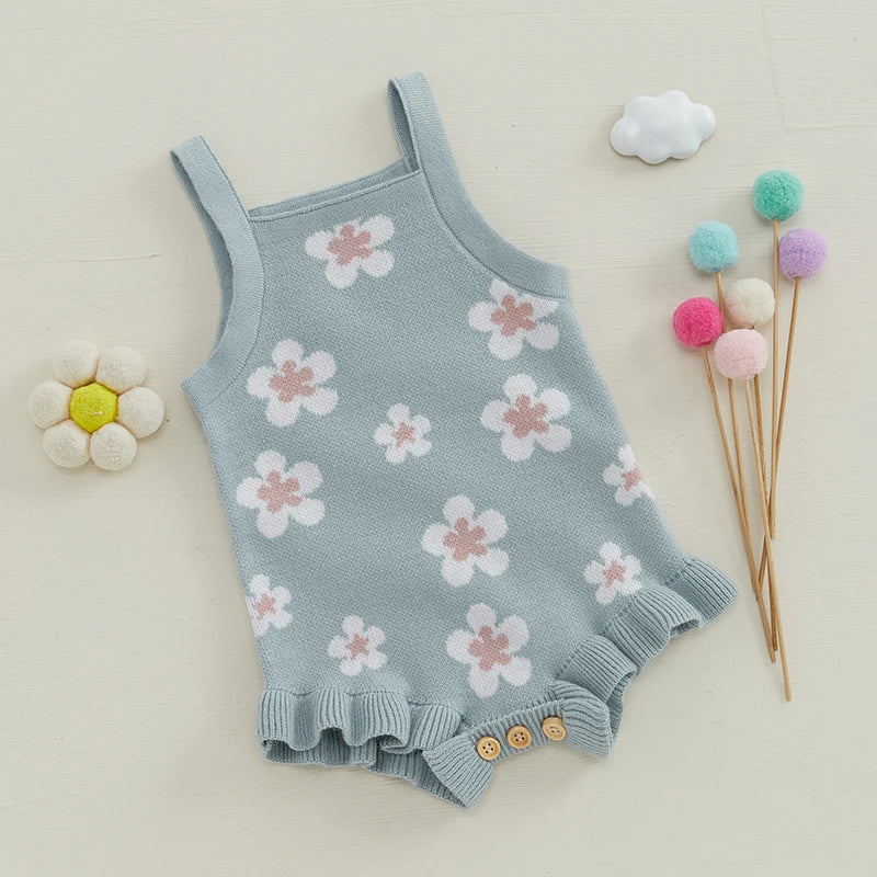 Baby Girls Summer Sleeveless Tank Strap Bubble Romper Knitted Floral Flower Print Bodysuit