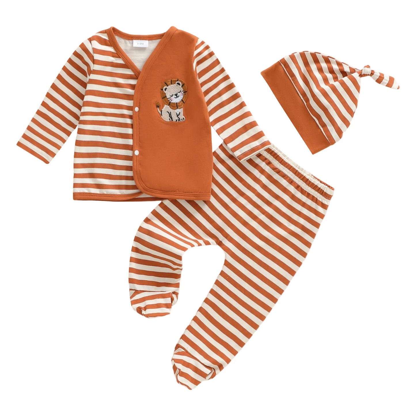 Baby Boys 3PCS Outfit Sets Long Sleeve Lion Embroidery Top Striped Pants Hat Set
