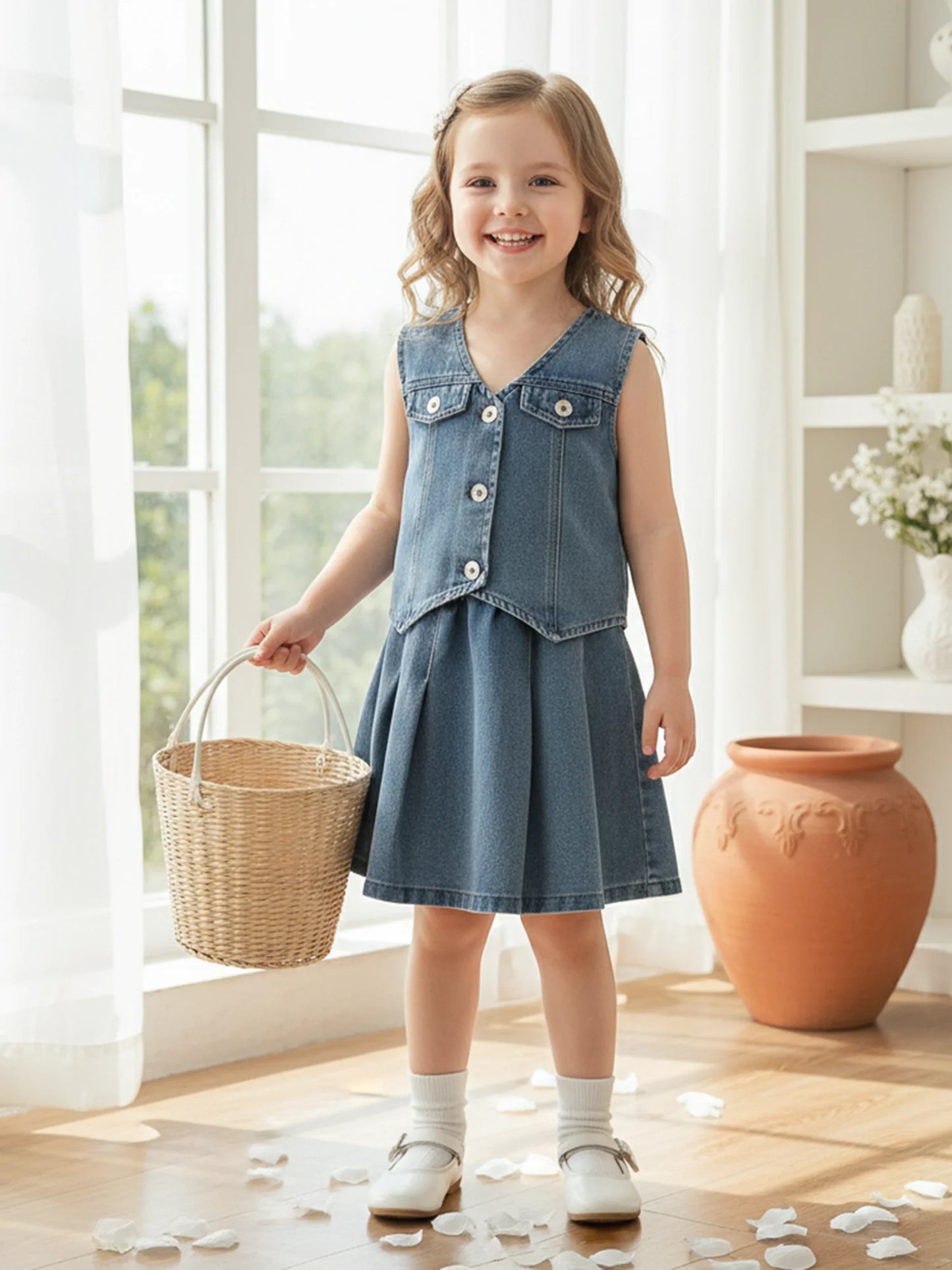 Toddler Kids Girls 2Pcs Denim Set Solid Color V-Neck Button Down Vest and Pleated Skirt 2 Piece Outfit