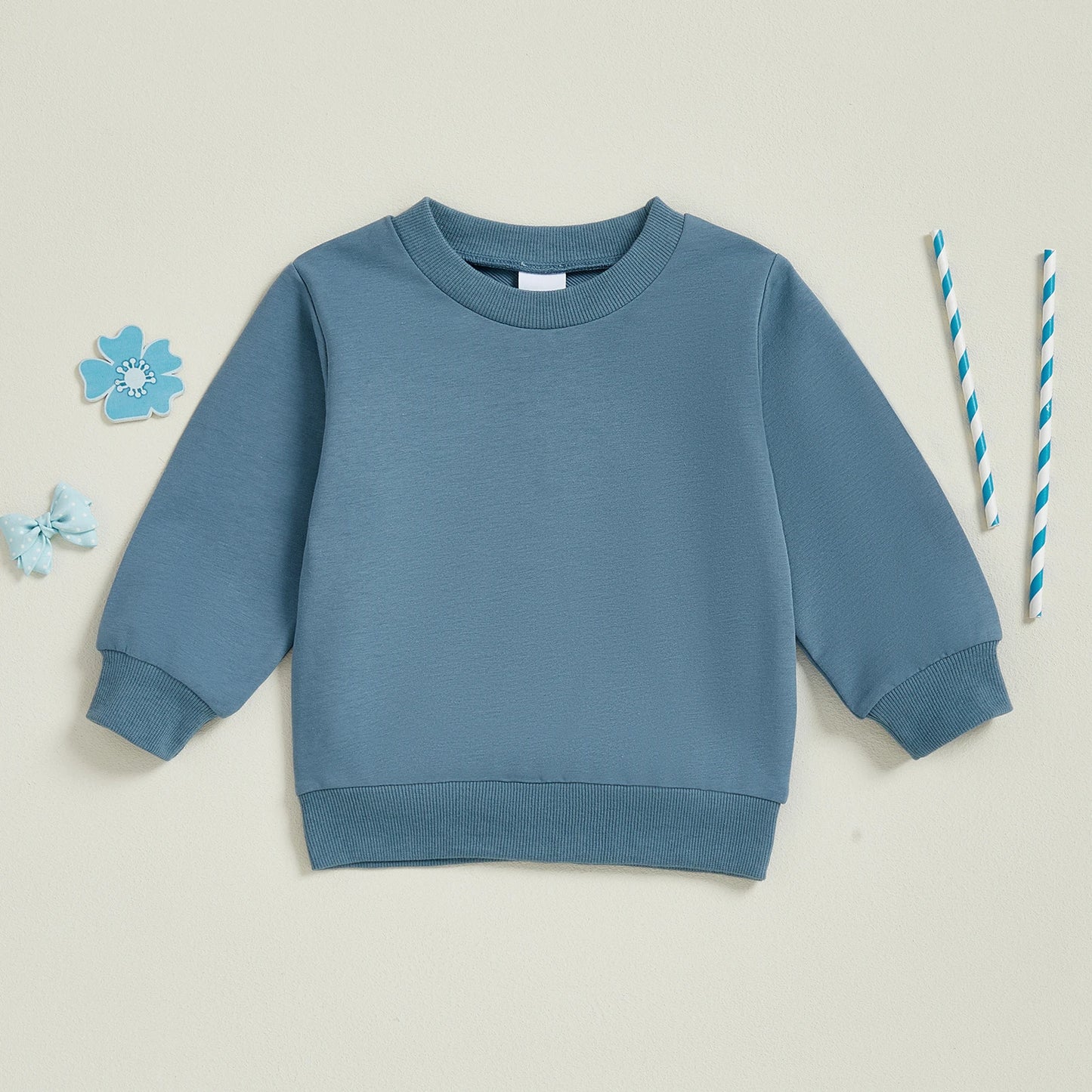 Baby Toddler Kids Boy Girl Solid Color Long Sleeve Round Neck Pullover Loose Top