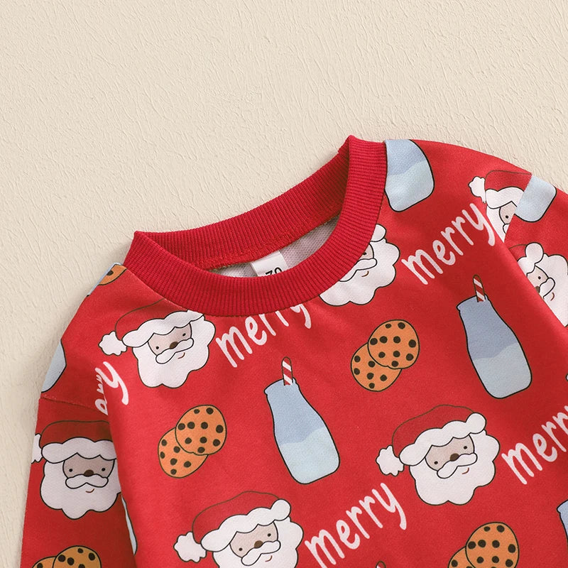 Baby Toddler Boys Girls 2Pcs Christmas Jogger Set Long Sleeve Round Neck Milk Cookies Merry Santa Claus Print Top Pants Outfit