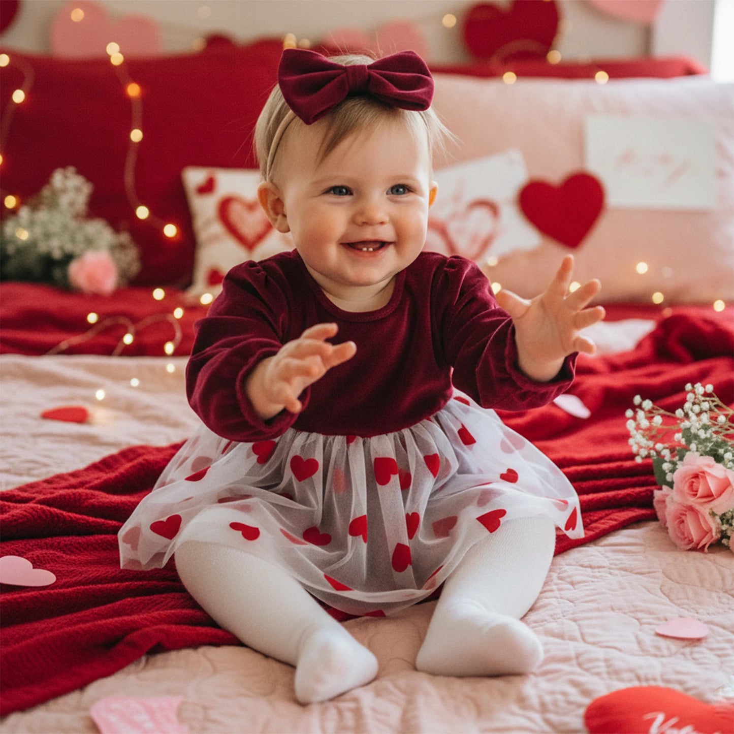 Baby Girls 2Pcs Valentine's Day Romper Dress Long Sleeve Heart Print Tulle Skirt Jumpsuits Headband Bow Set